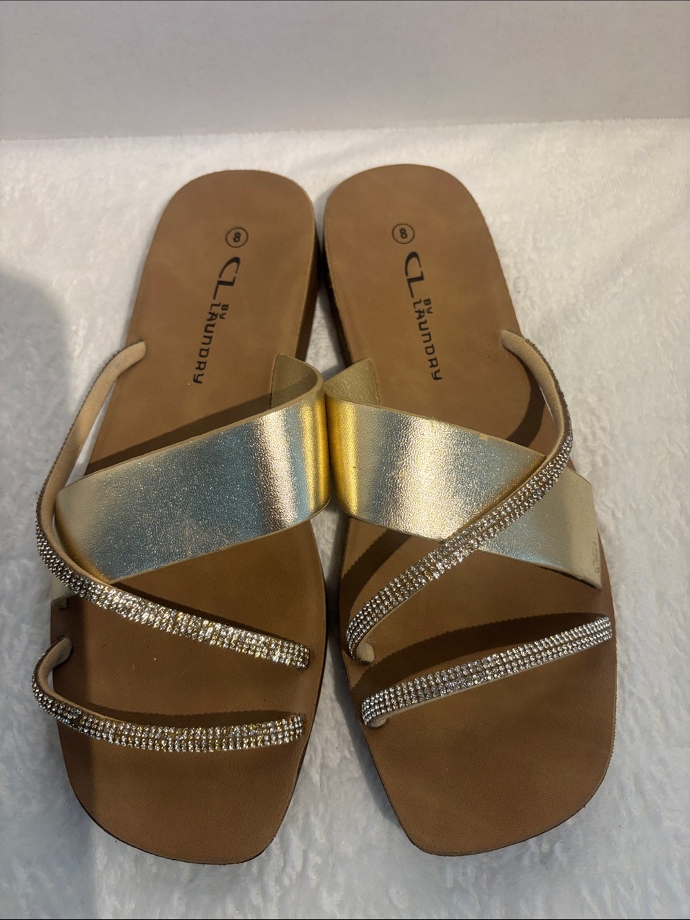 Laundry by Shelli Segal Gold Metallic Rhinestone Strap Slide Sandals